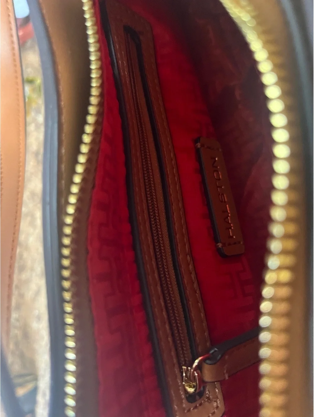 Halston Peebled Hobo Conac Leather Purse w-Shouder Strap Gold Logo Hardware
